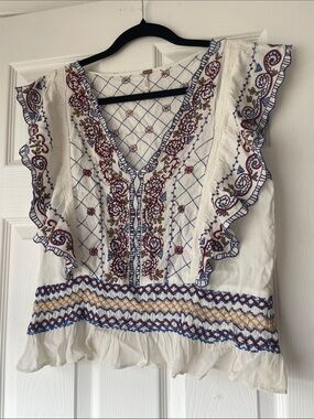 Free People White Embroidered and beaded V-Neck Ruffle Sleeve Top